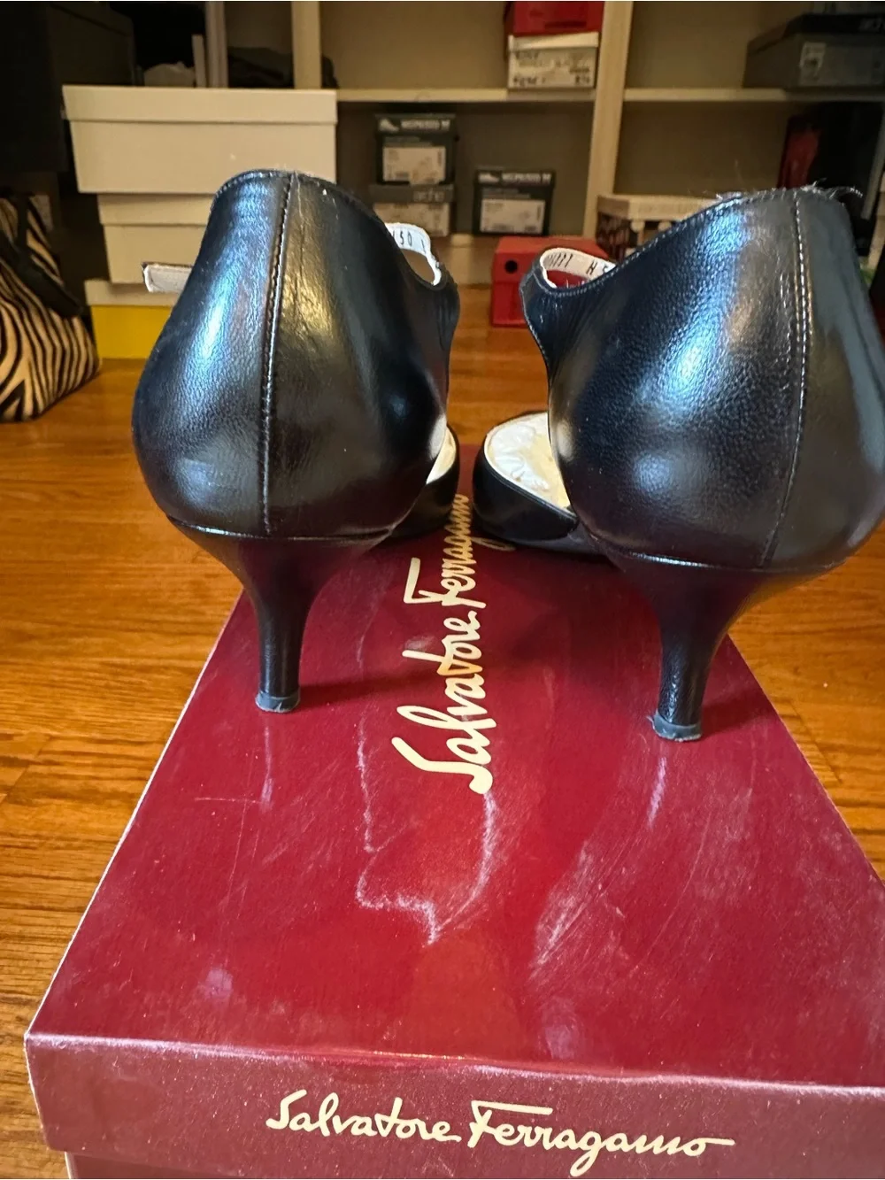 Salvatore Ferragamo Black Leather T-Strap Pointed Pumps